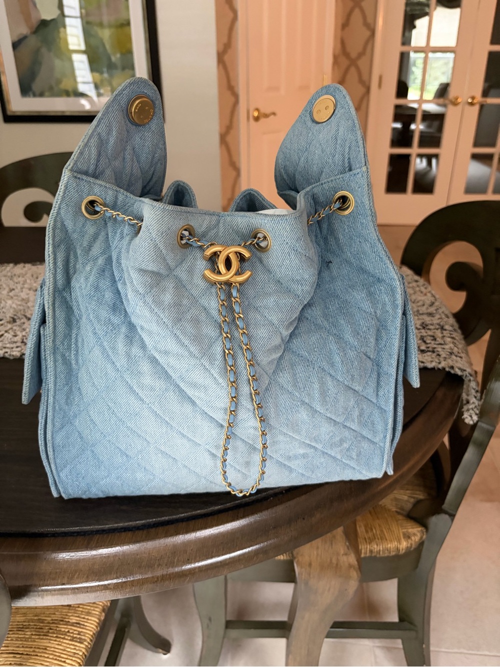 CHANEL 25 Light Blue Quilted Denim Bag with Pochette Gold CC GREAT PRICE!